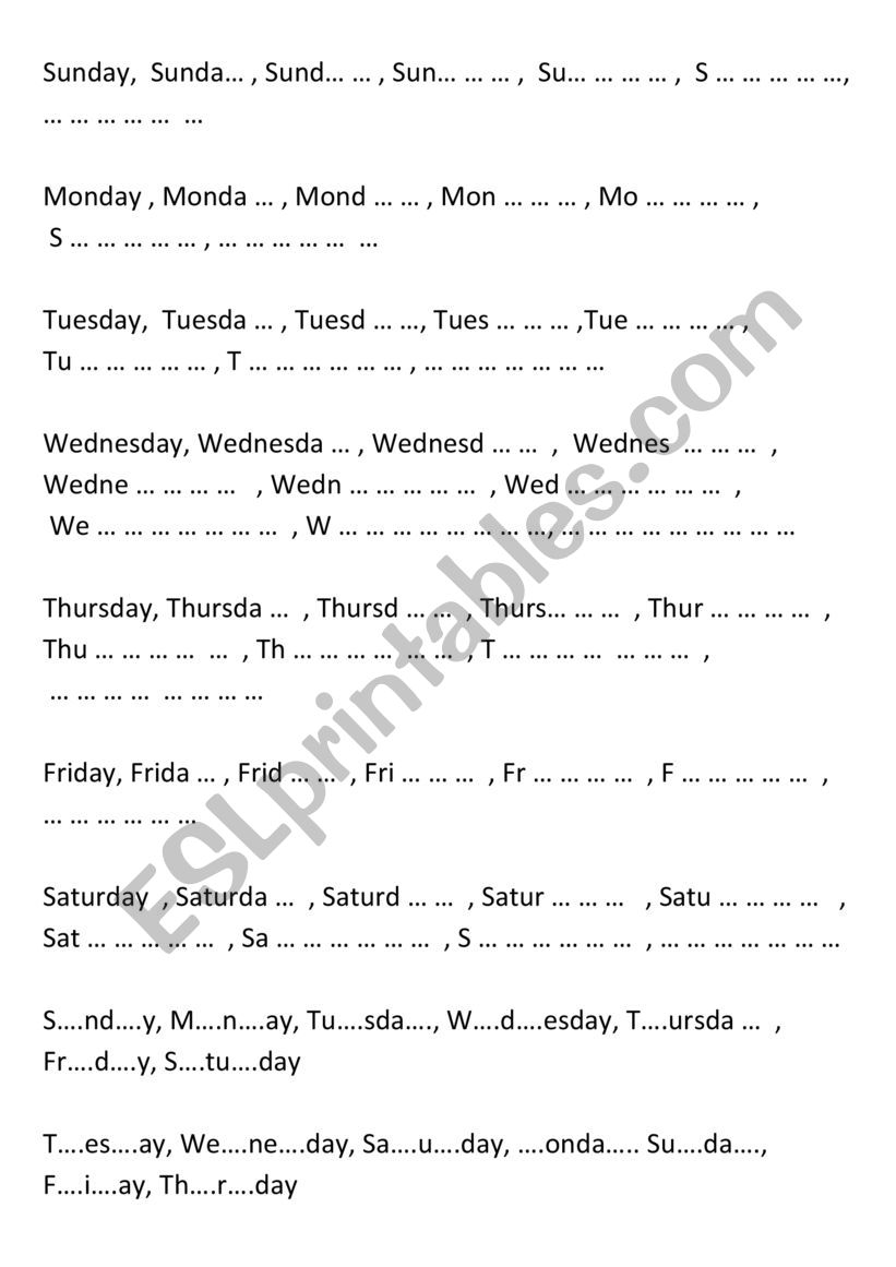 days of the week spelling practice