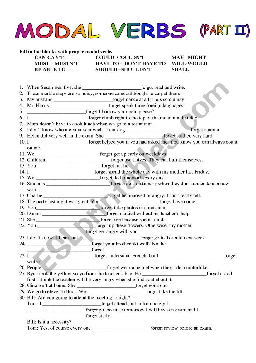 MODAL VERBS PART II worksheet