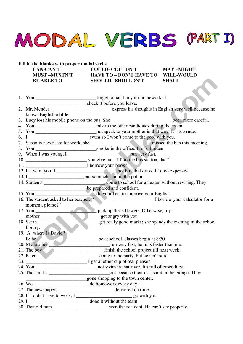 MODAL VERBS PART I worksheet