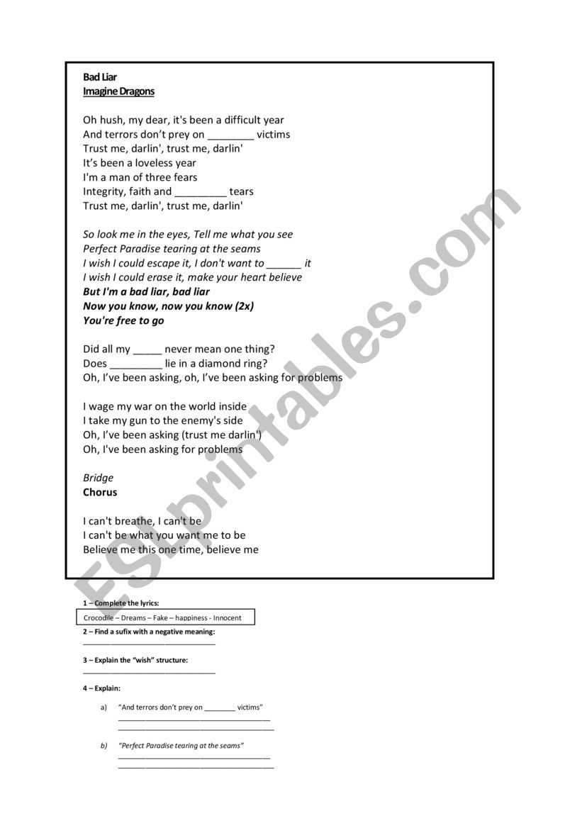 Bad Liar - Song worksheet