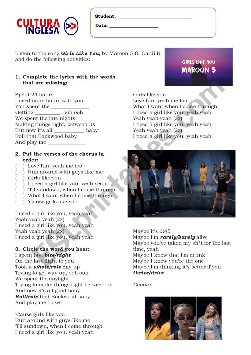 Girls like you - Maroon 5 worksheet