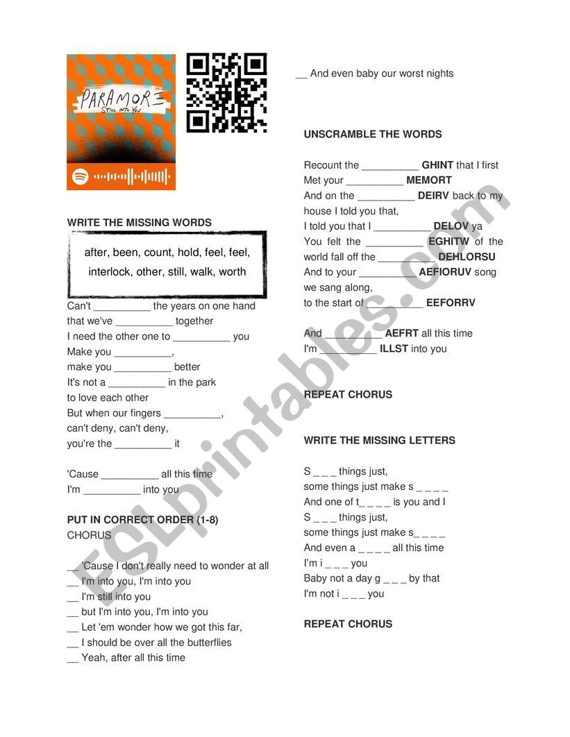 Still into you - Paramore worksheet