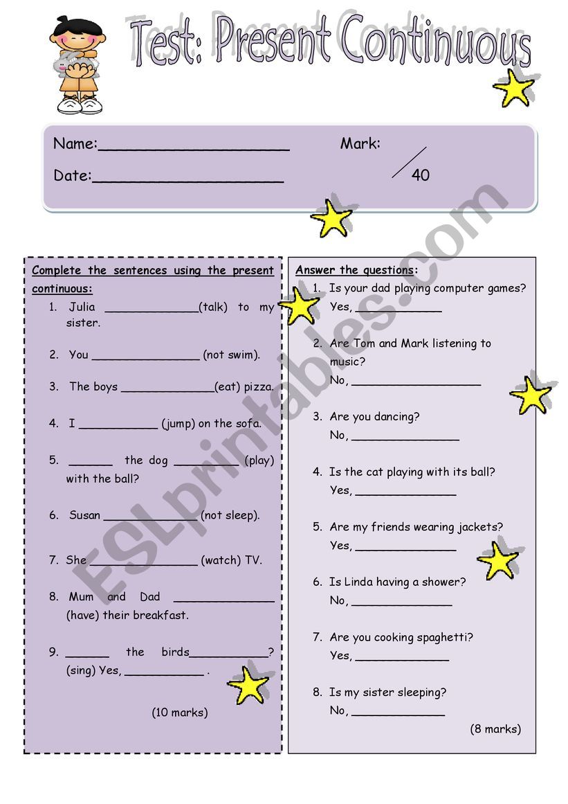 test on present continuous worksheet