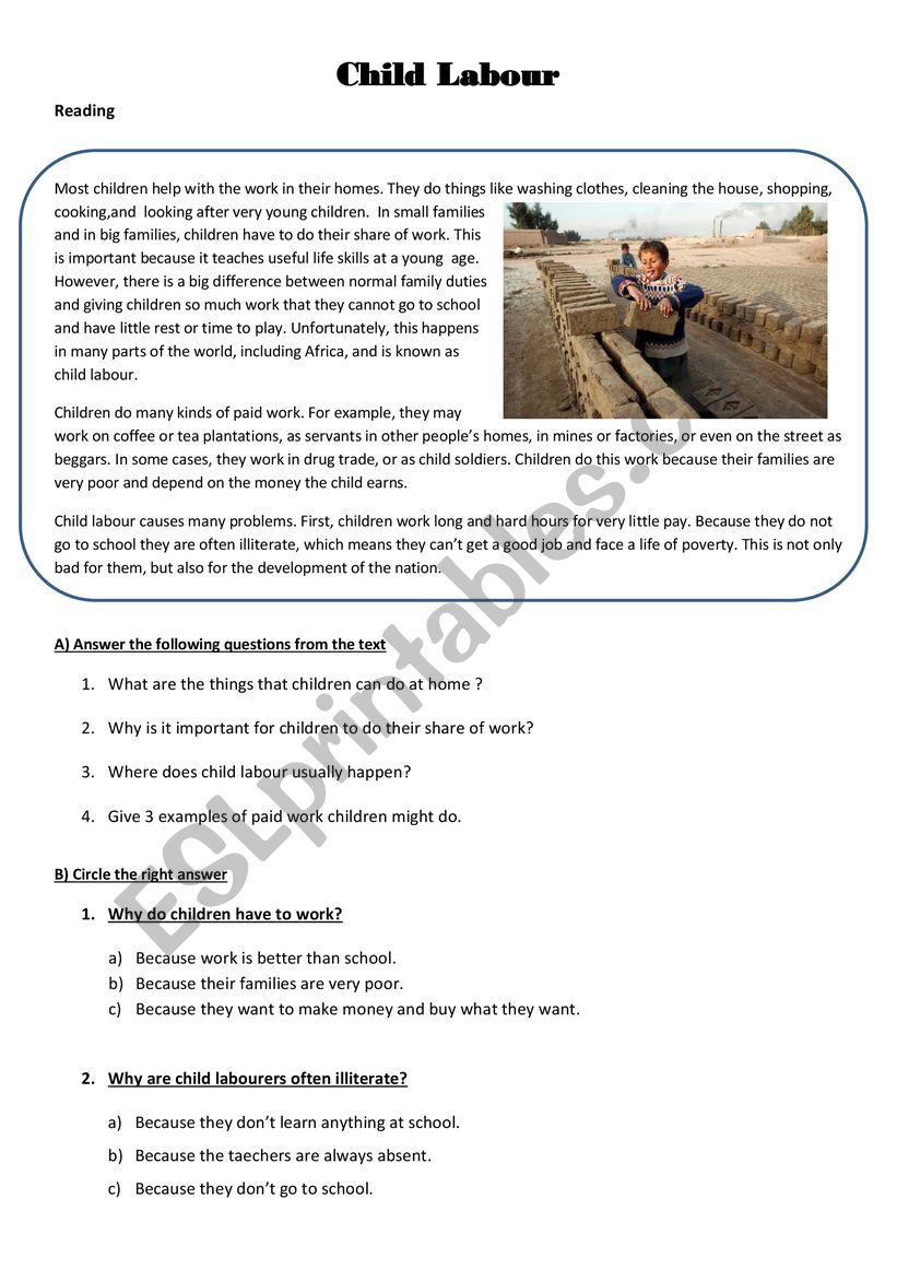 Child Labour ( Reading ) worksheet