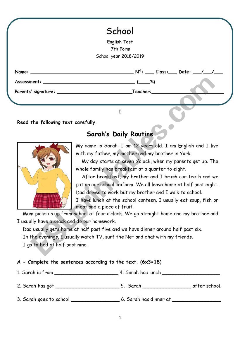 Daily routine 7th form test worksheet