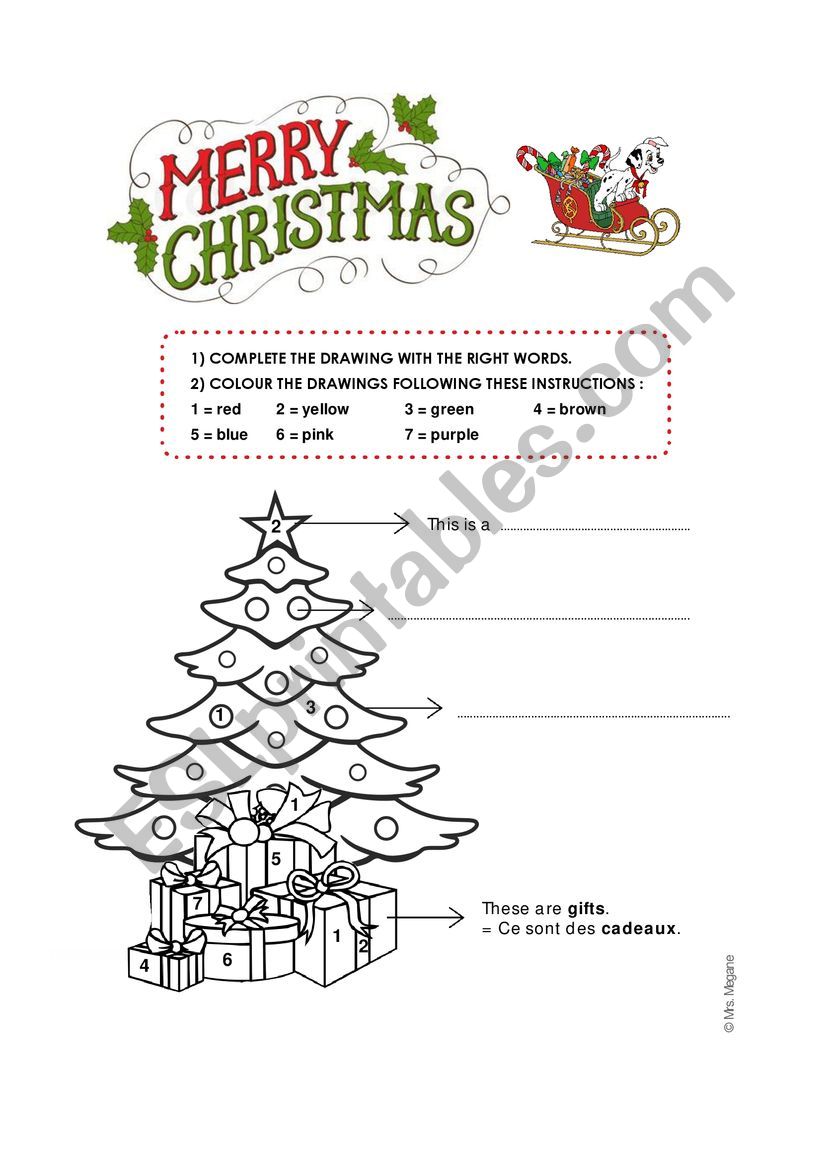 Christmas tree vocabulary coloring 