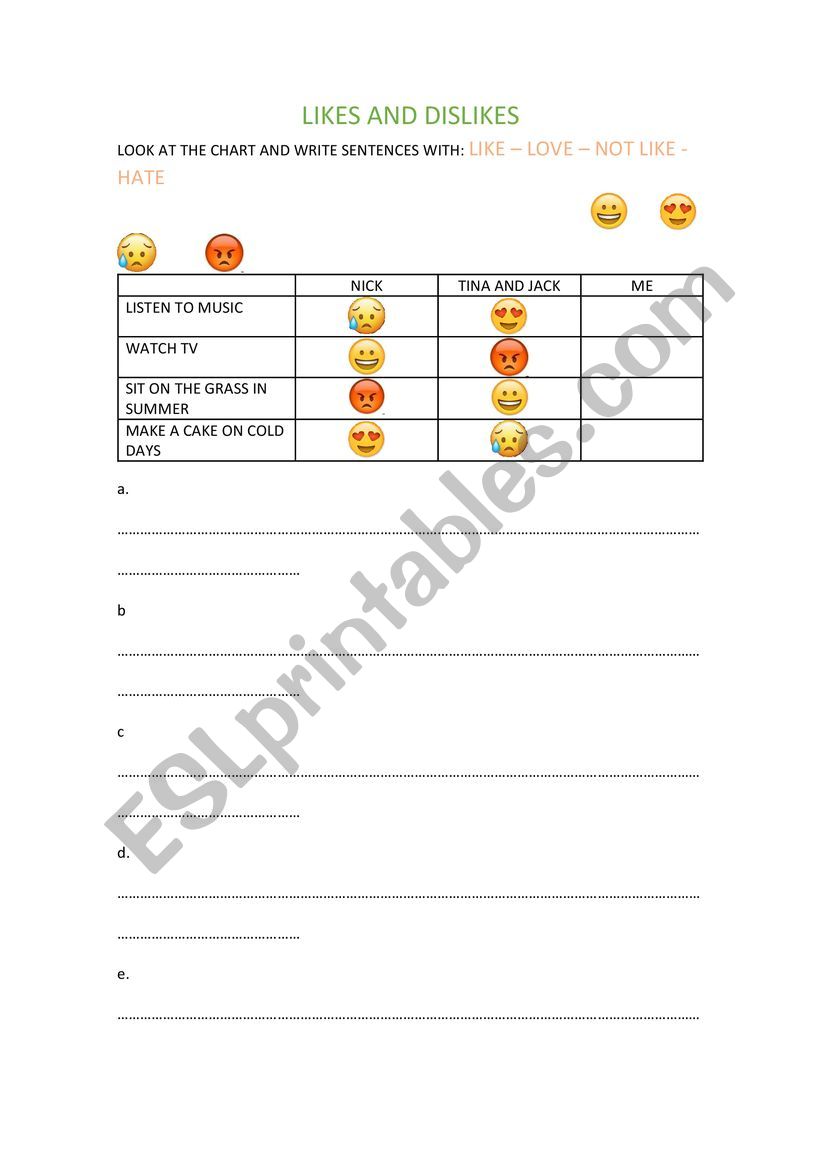 LIKES AND DISLIKES worksheet