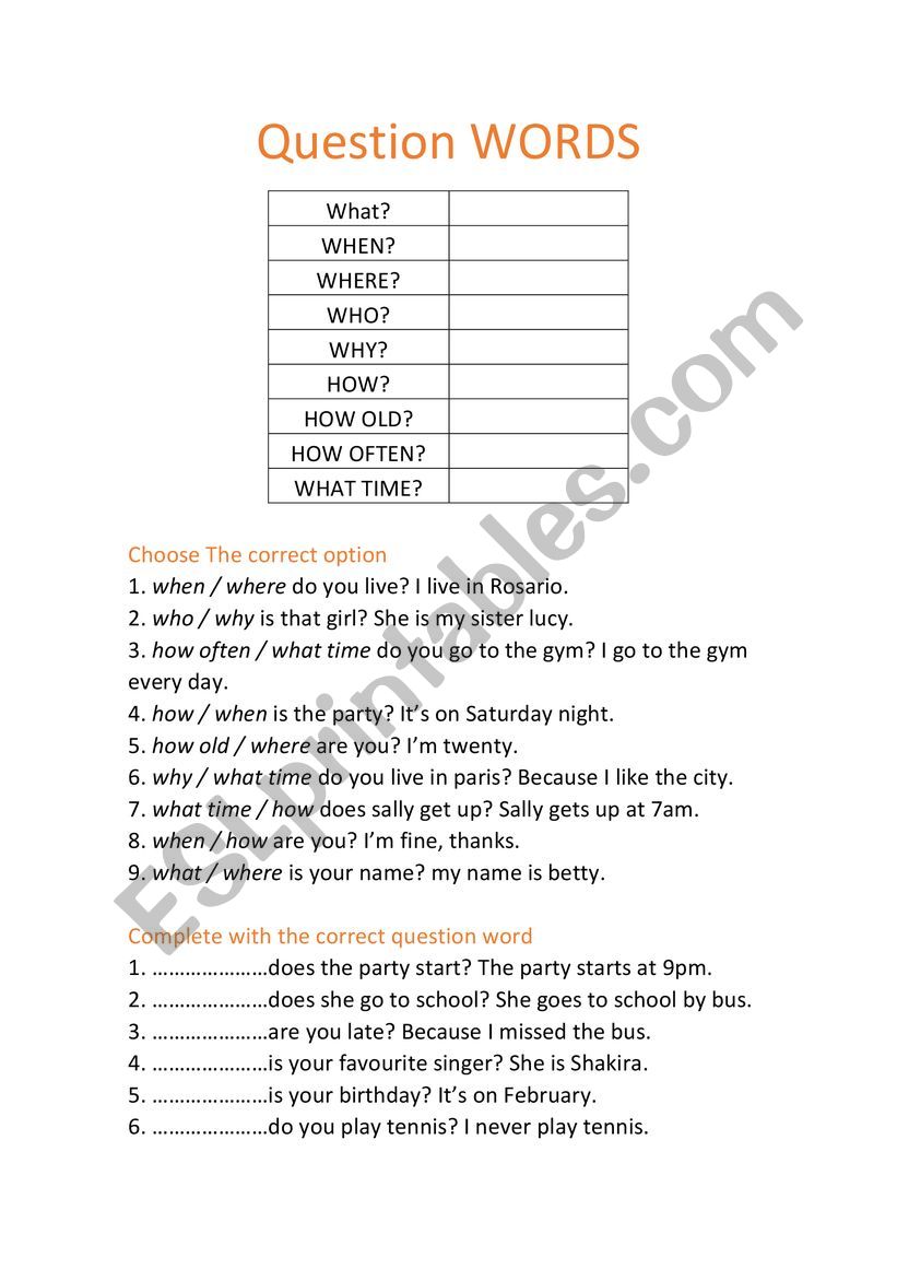 QUESTION WORDS worksheet