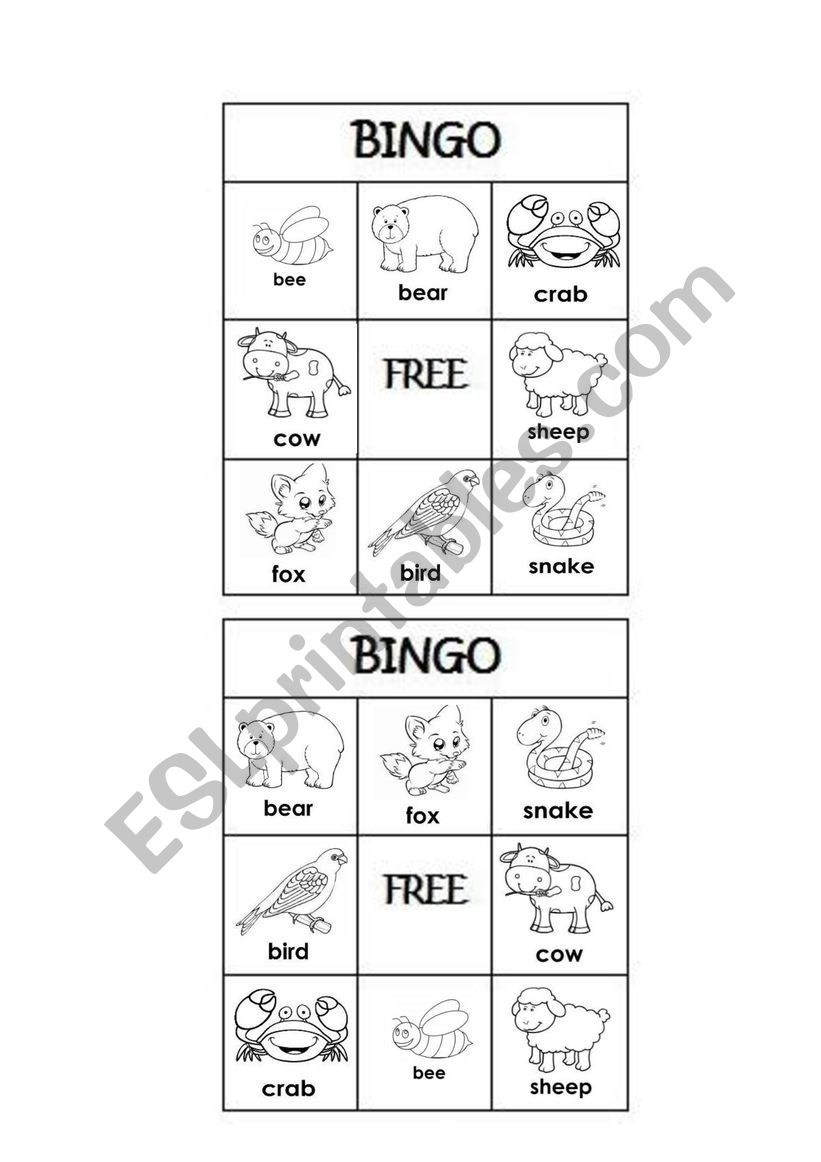 Bingo animals worksheet