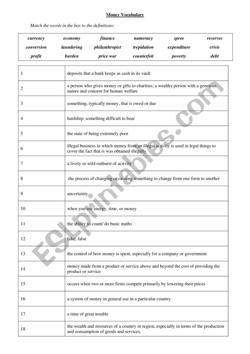 Money vocabulary match worksheet