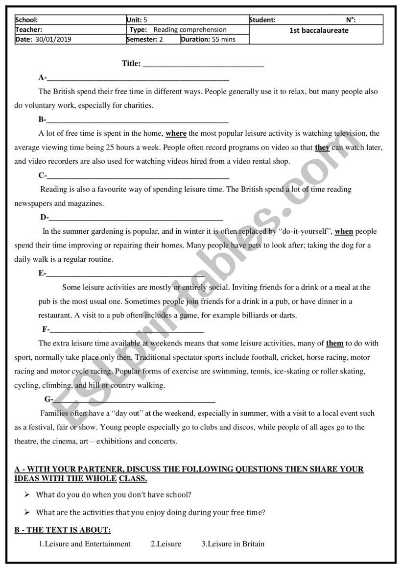 Leisure time worksheet