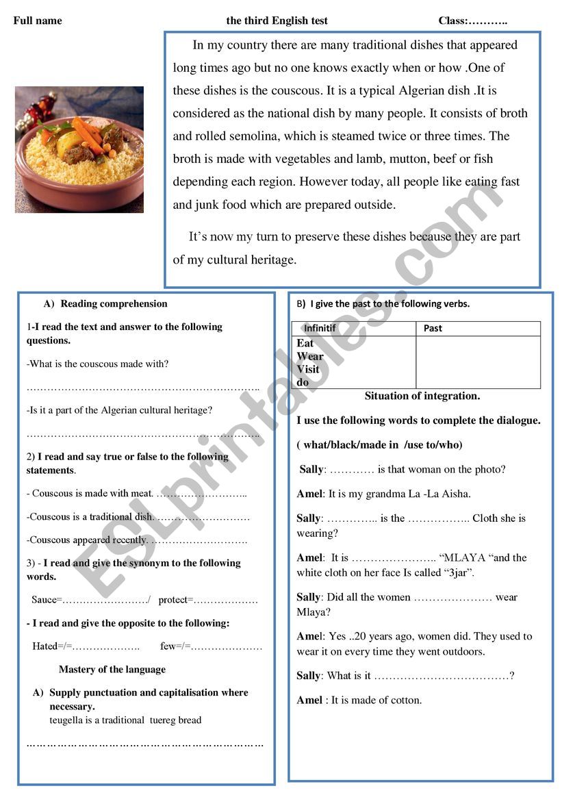 Traditional dishes  worksheet