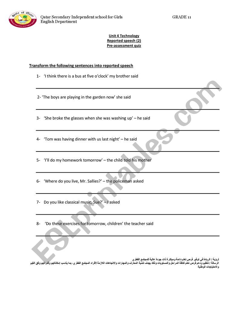 reported speech worksheet