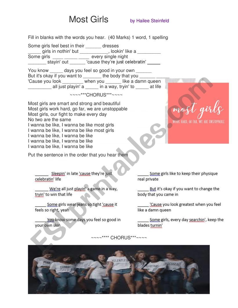 Most Girls lyrics worksheet worksheet