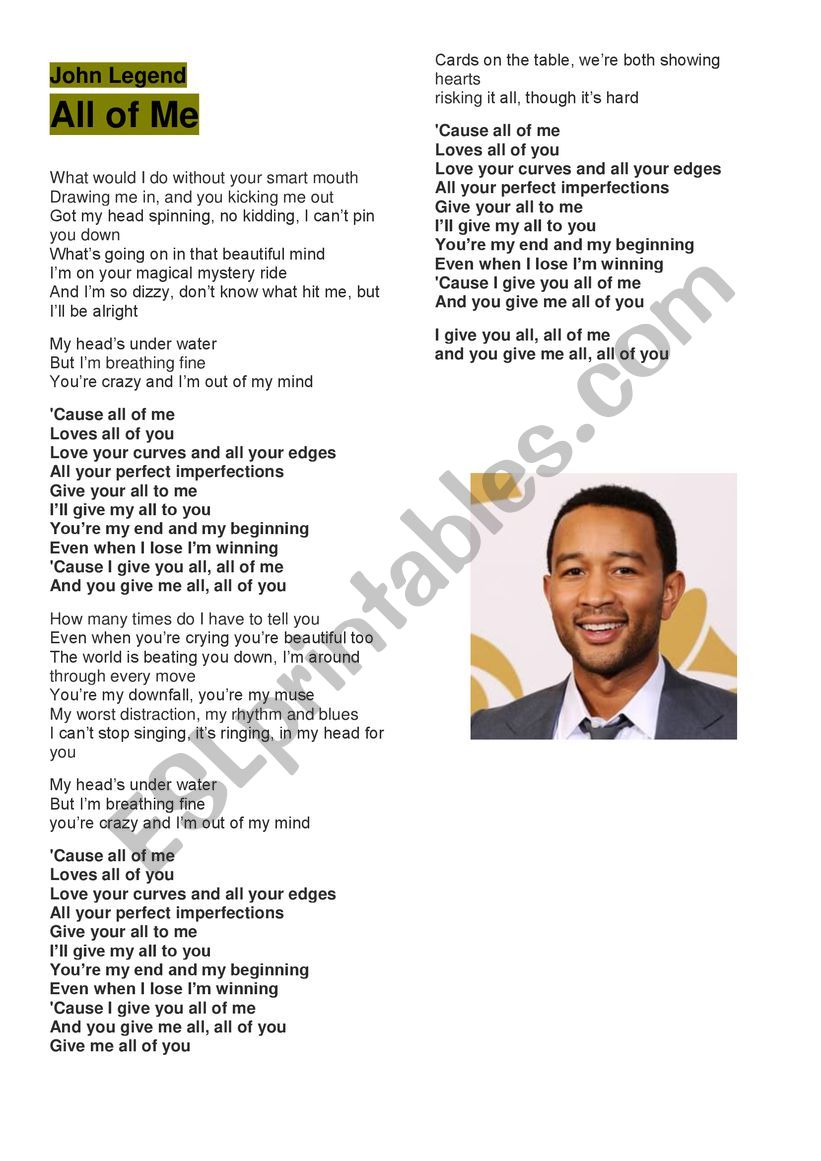 SONG: ALL OF ME. JOHN LEGEND. worksheet