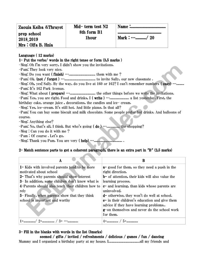 Mid term test 2 worksheet