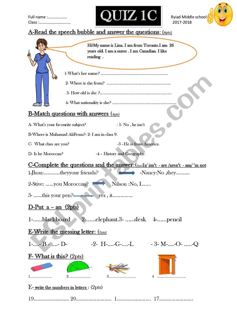 quiz for 9th grade  Moroccan students Middle school