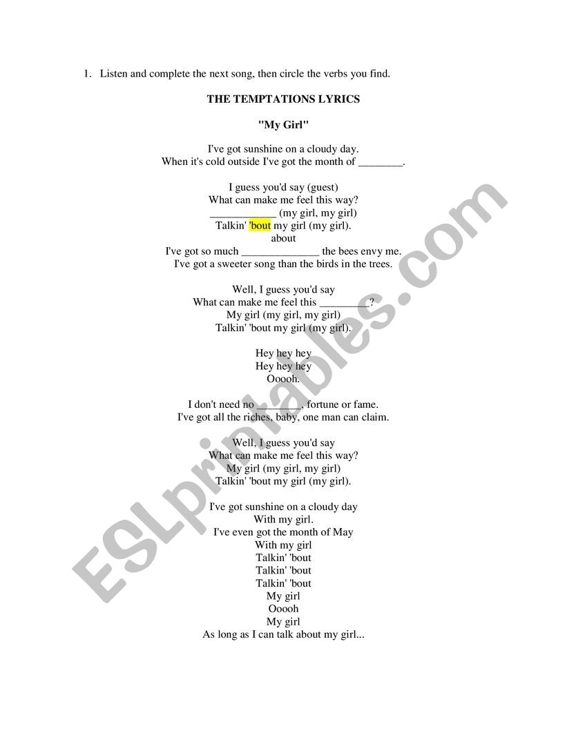 Song My Girl worksheet