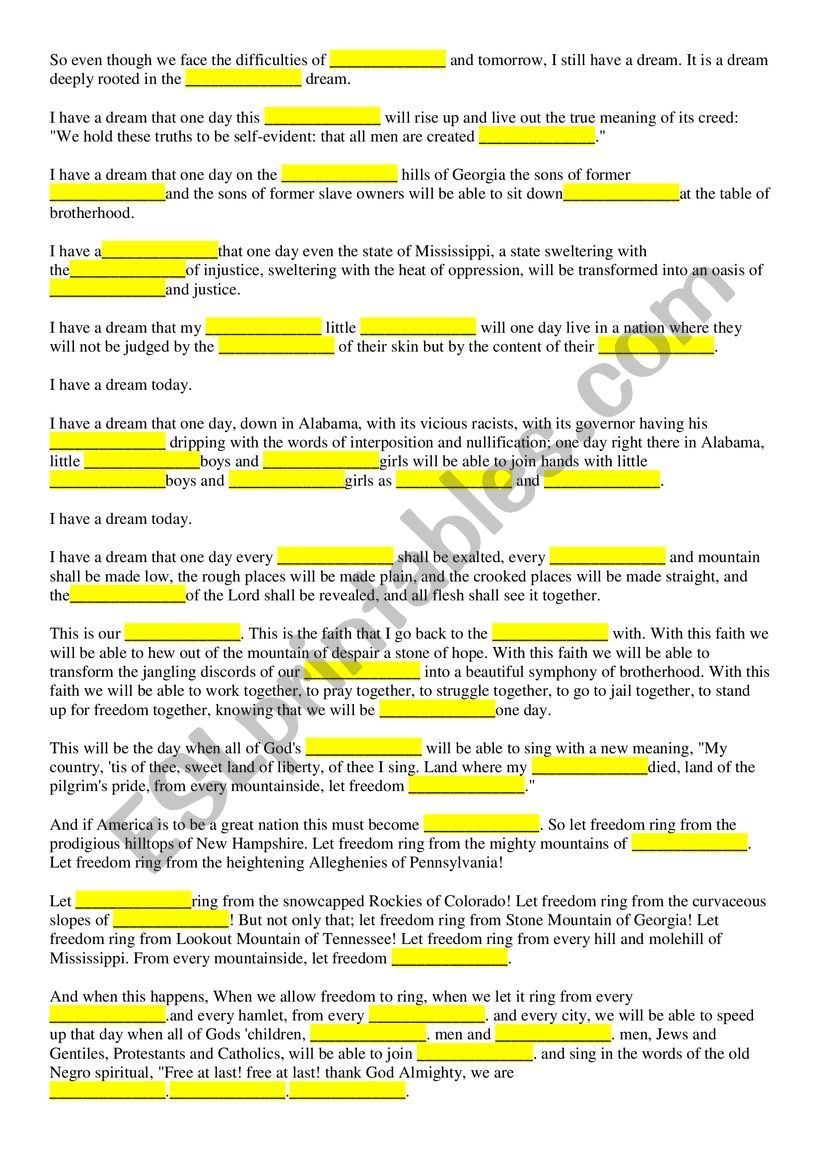 I Have A Dream Speech cloze listening activity - ESL worksheet by Pertaining To I Have A Dream Worksheet