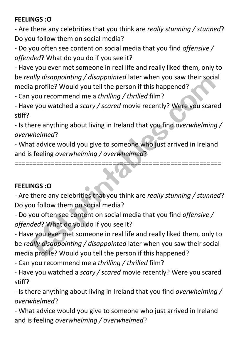 Feelings - speaking exercise and ed / ing adjectives