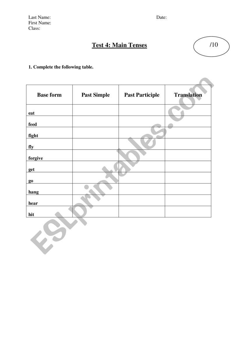 Main Tenses Test worksheet