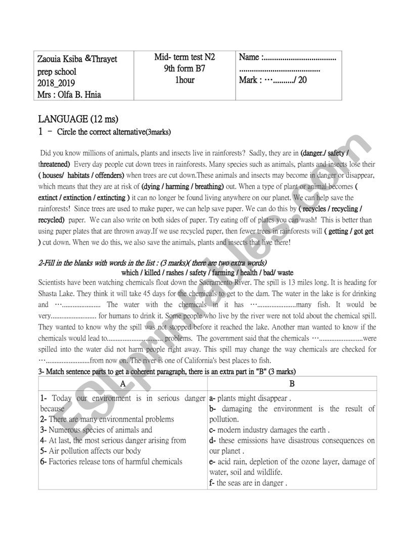 mid-term test 2 /9th form  worksheet