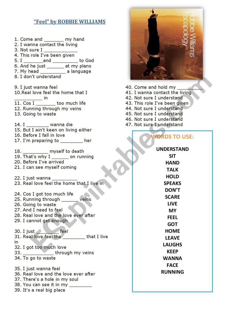 Feel by Robbie Williams worksheet