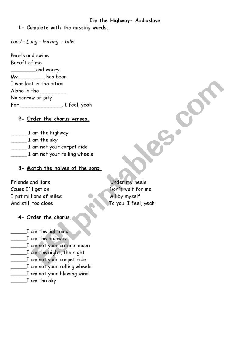 Im the highway worksheet