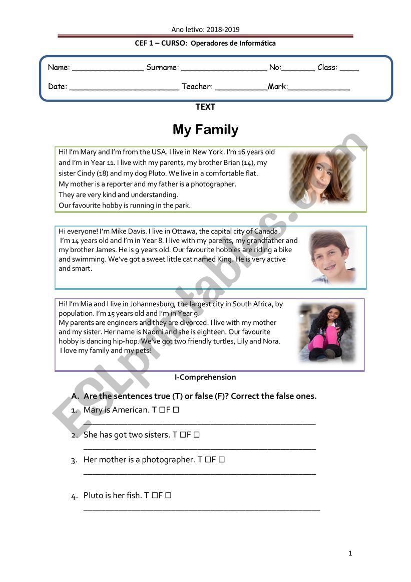 My family worksheet