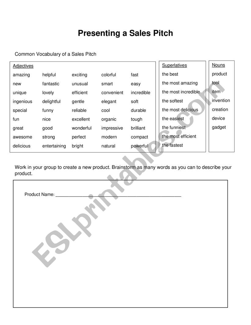 Sales Pitch Lesson worksheet