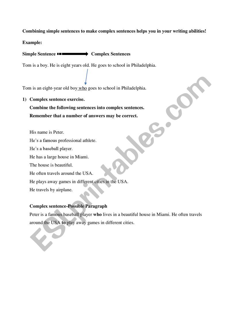complex sentence exercise worksheet