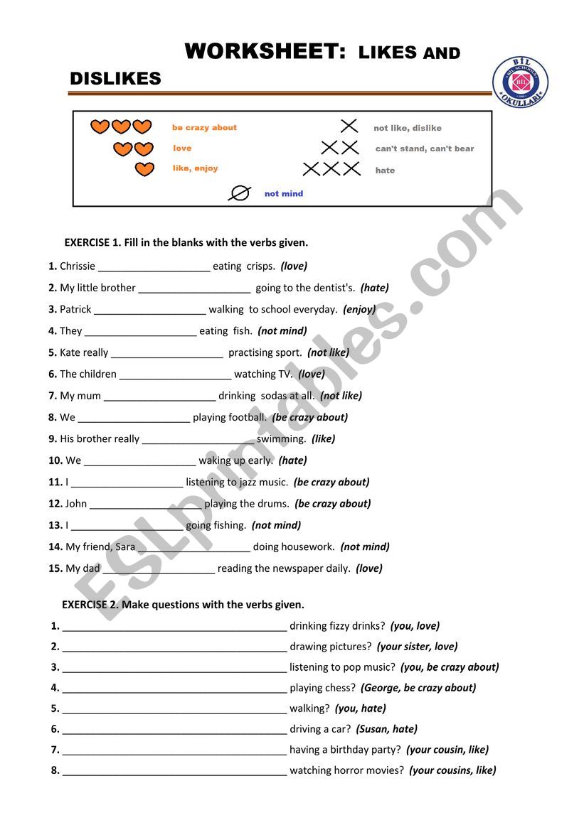 Likes Dislikes worksheet