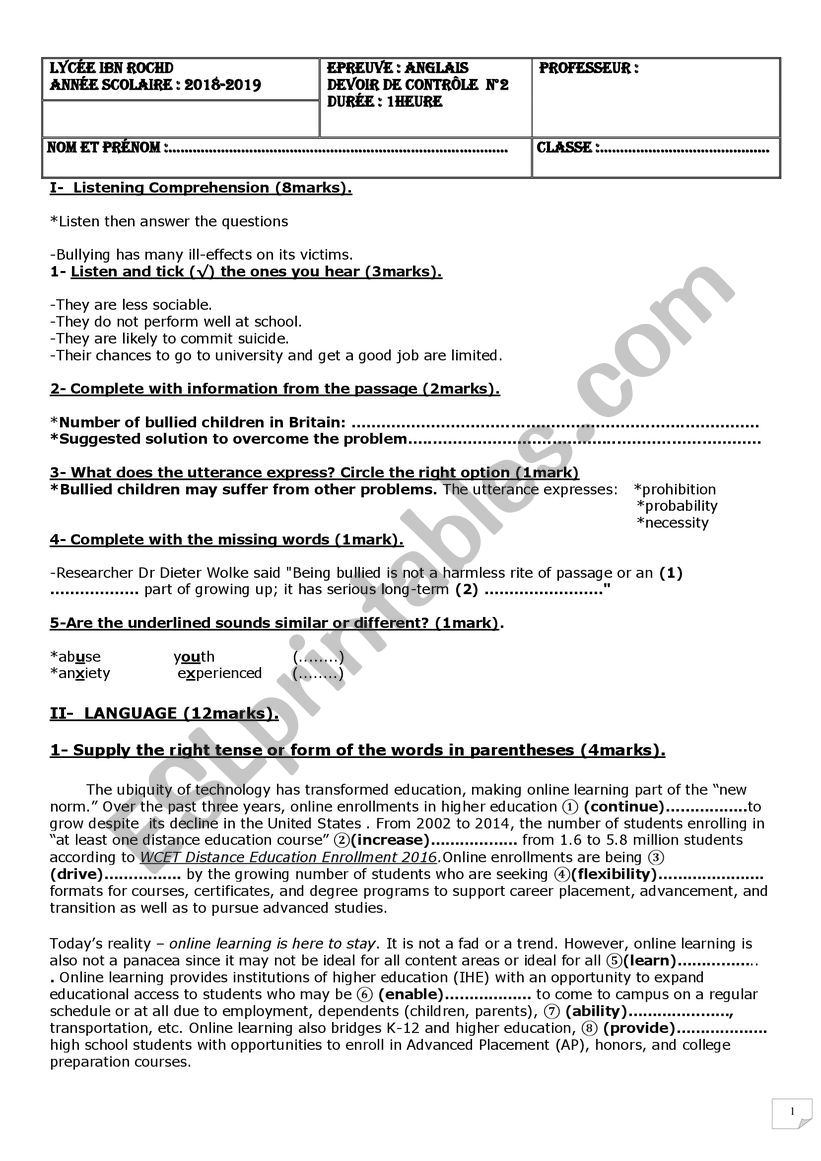 Mid-Term Test N2 worksheet