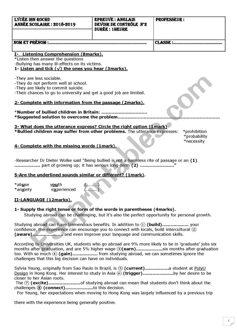 Mid-Term Test N2 worksheet