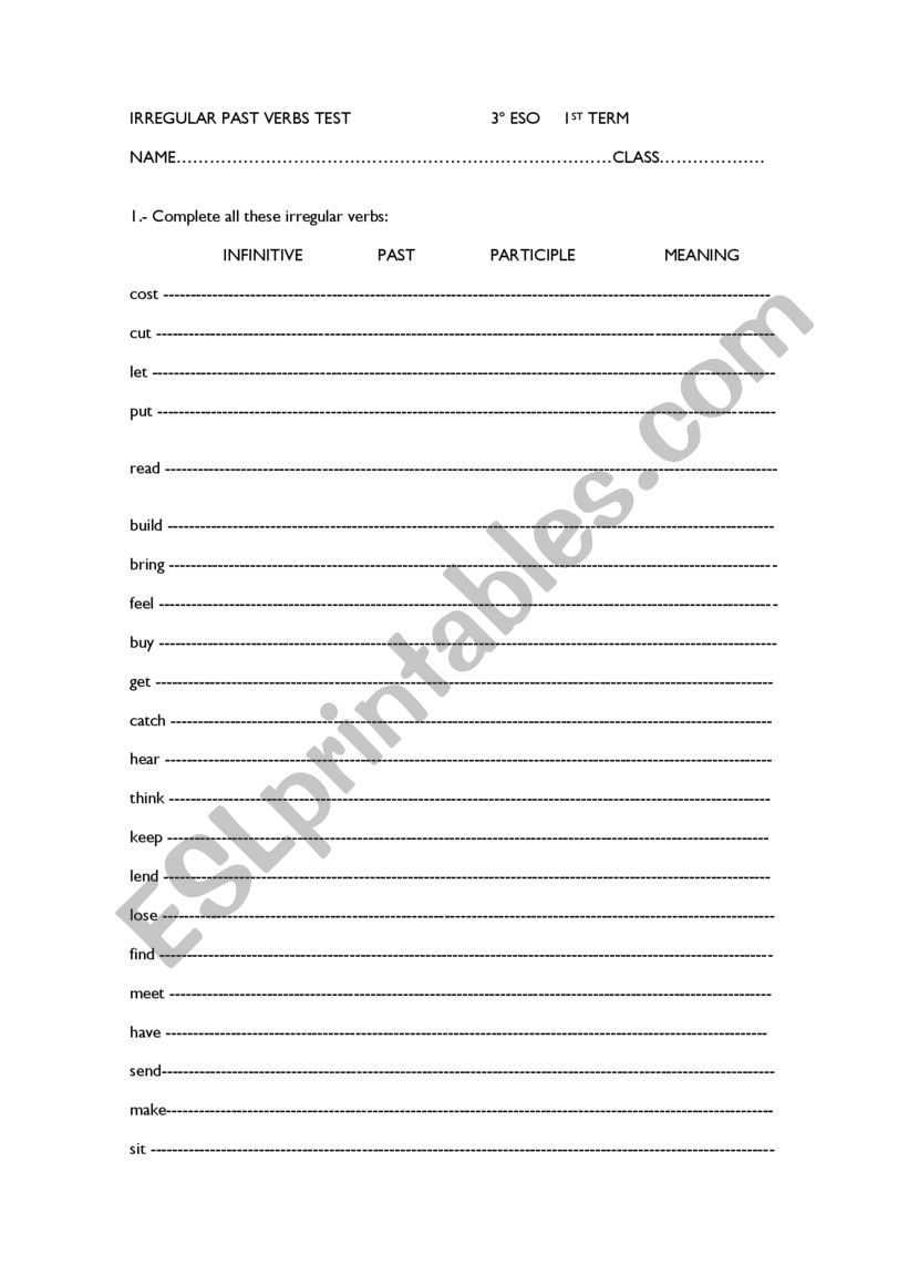 IRREGULAR VERBS TEST worksheet