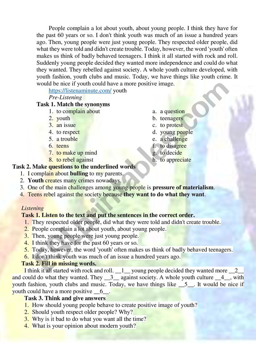 Youth Problems Listening worksheet