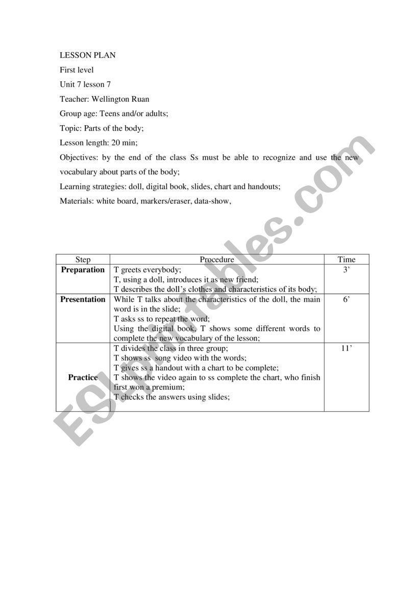 Parts of the body lesson plan worksheet