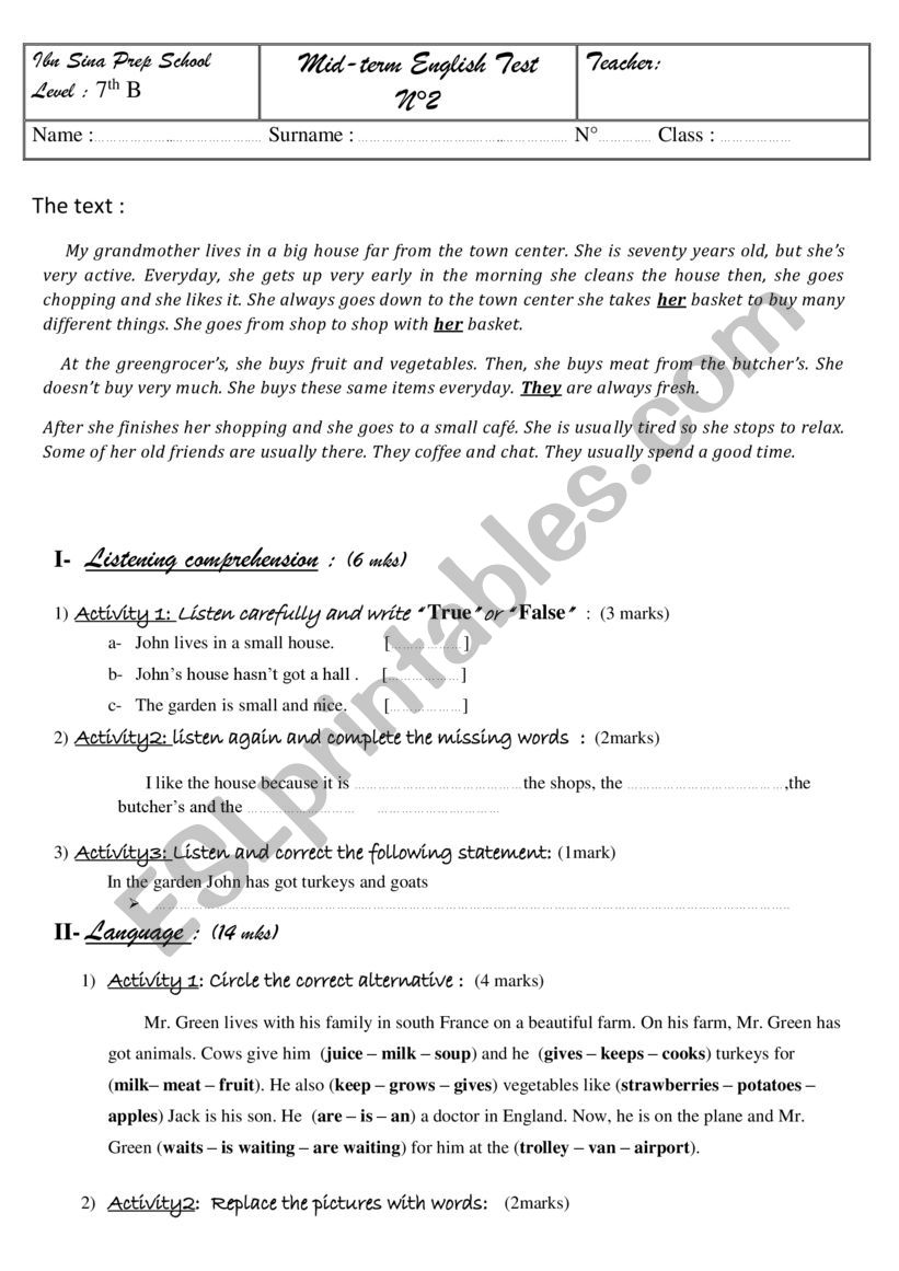 7th  form exam worksheet