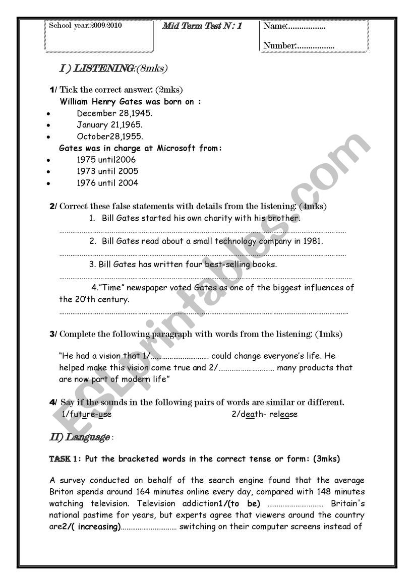 mid term test first year worksheet