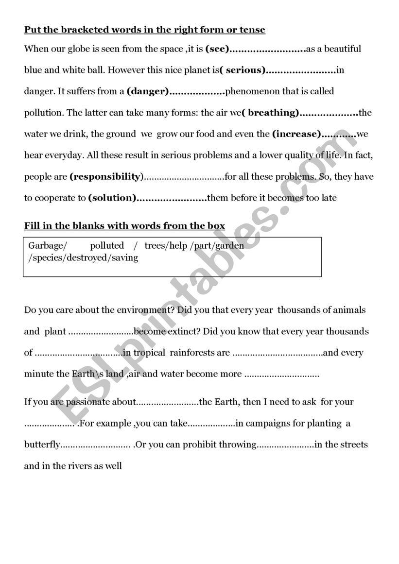 pollution worksheet