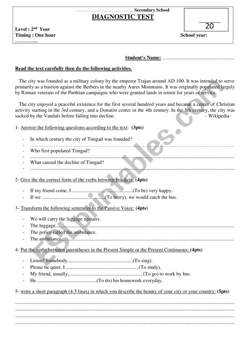 diagnostic test worksheet