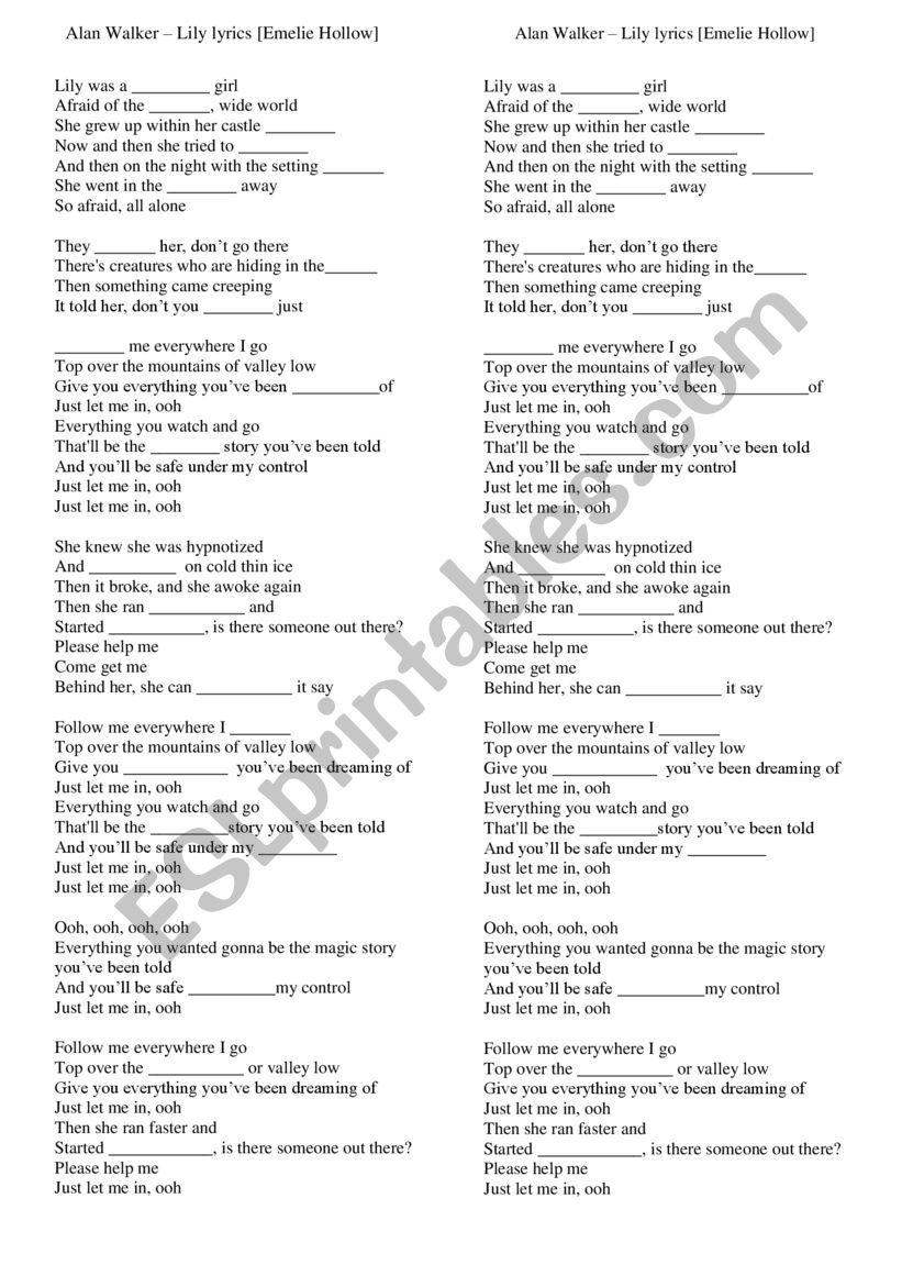 Lily Alan Walker Song Esl Worksheet By Ohamouddou