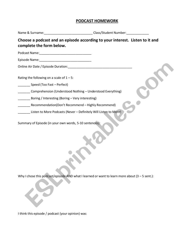 Podcast Project worksheet