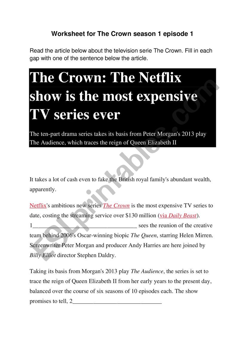 The Crown SE01 E01 worksheet