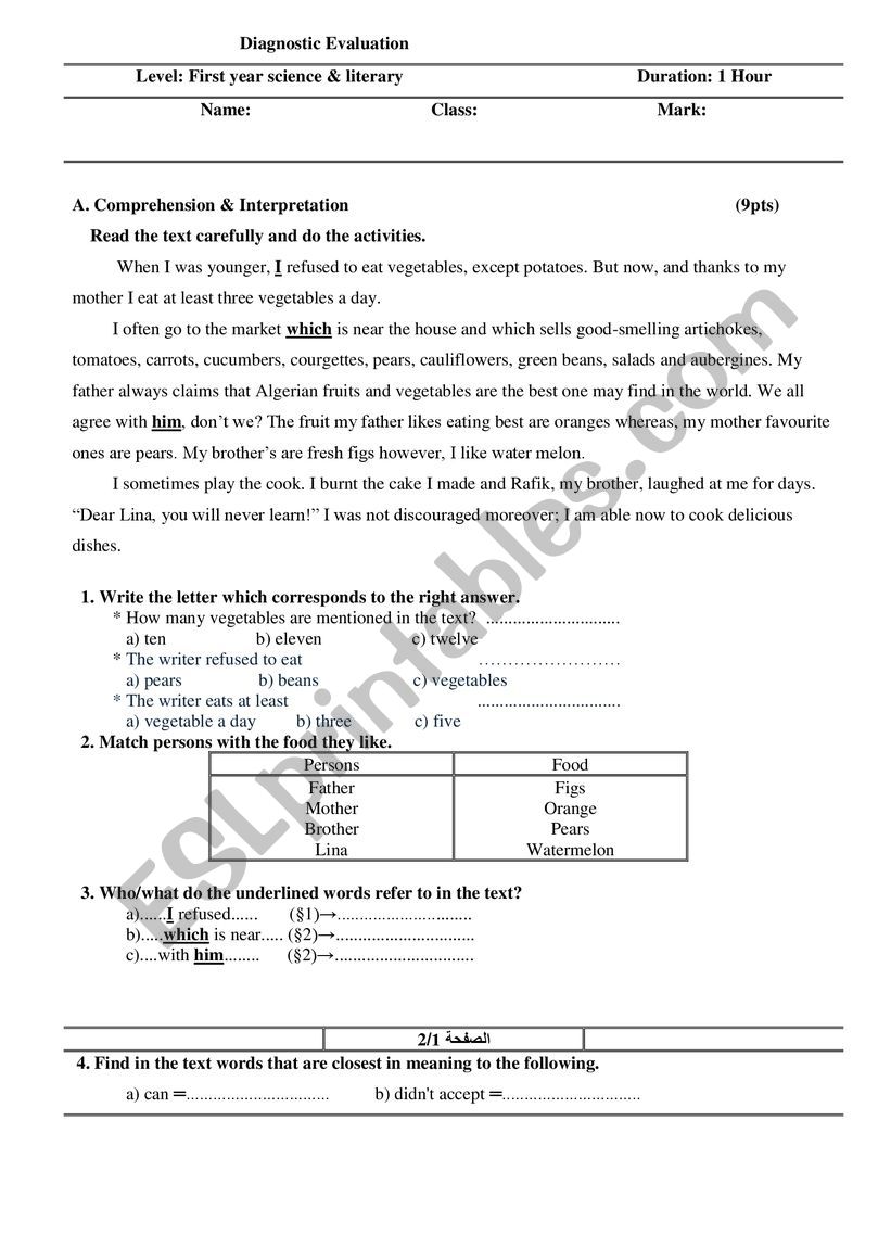 diagnostic test worksheet