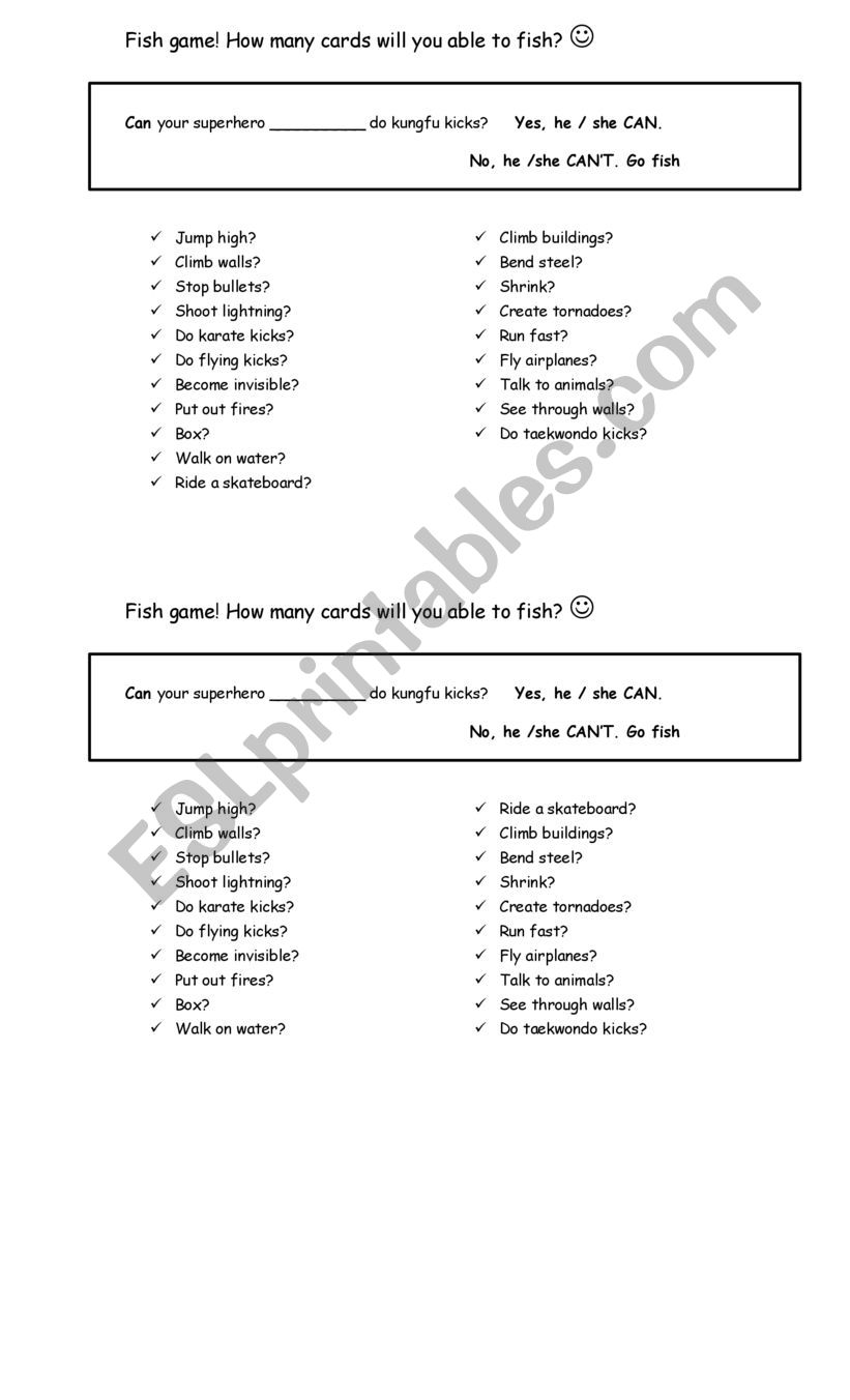 GO fish GMAE SUPERHEROES worksheet