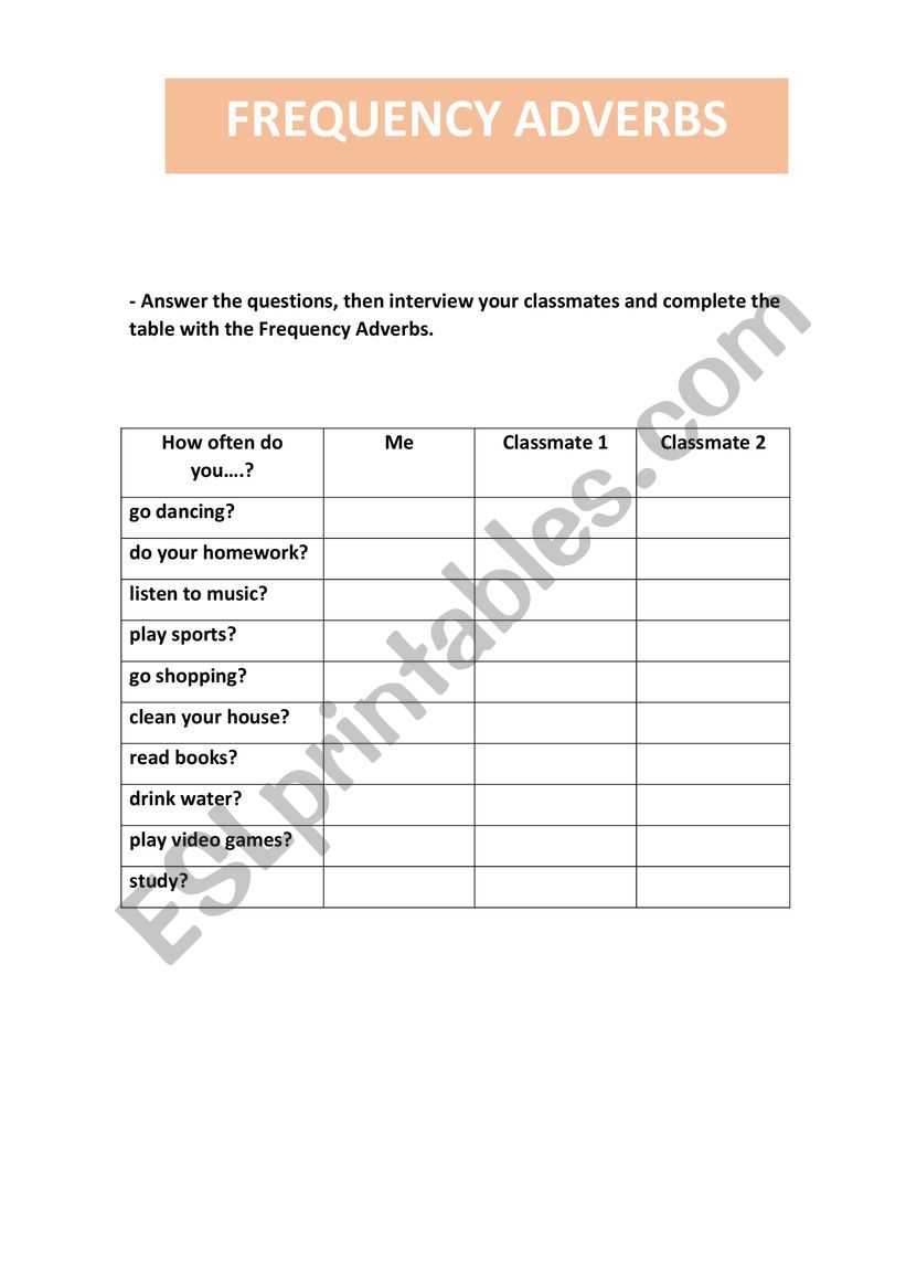 Frequency Adverbs worksheet