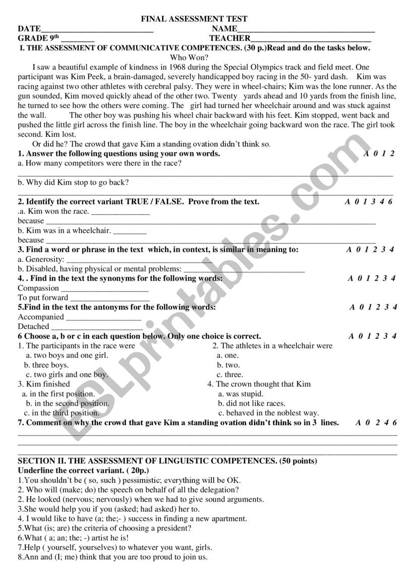 Final test , the 9th grade  worksheet