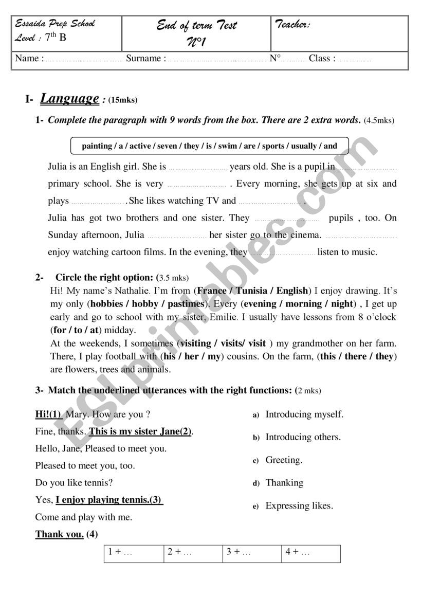 7th  form exam worksheet