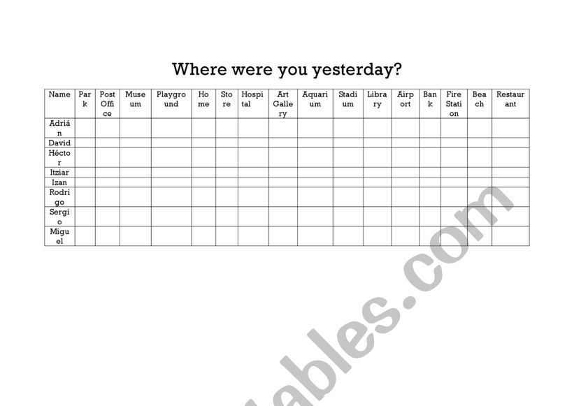 Where were you yesterday? worksheet